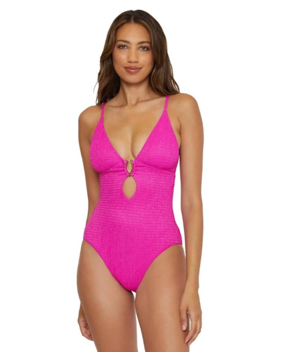 BECCA Luminous Evelynn Plunge One-Piece Swimsuit Medium Vivid Pink NWT